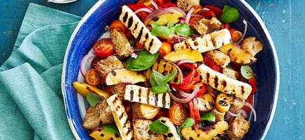 Haloumi peach panzanella salad
