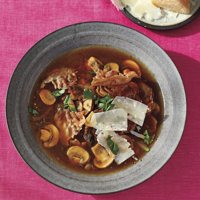 Double mushroom and prosciutto soup