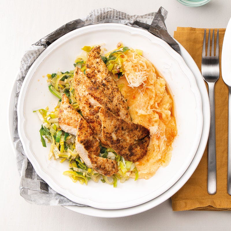 Hähnchen-Innenfilets mit Gemüsepüree und karamellisiertem Lauch
