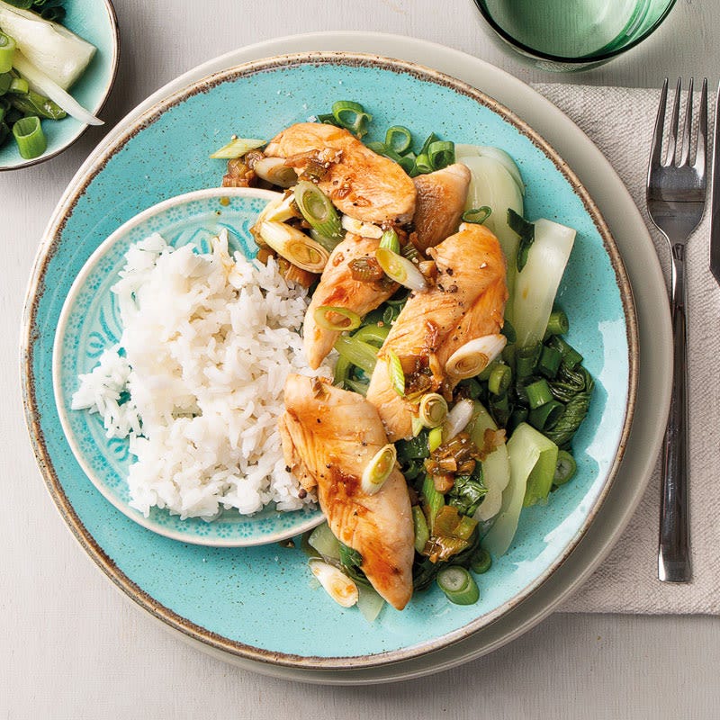 Orangen-Pouletfilets mit Pak Choi und Reis