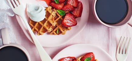 Baked balsamic strawberries with waffles