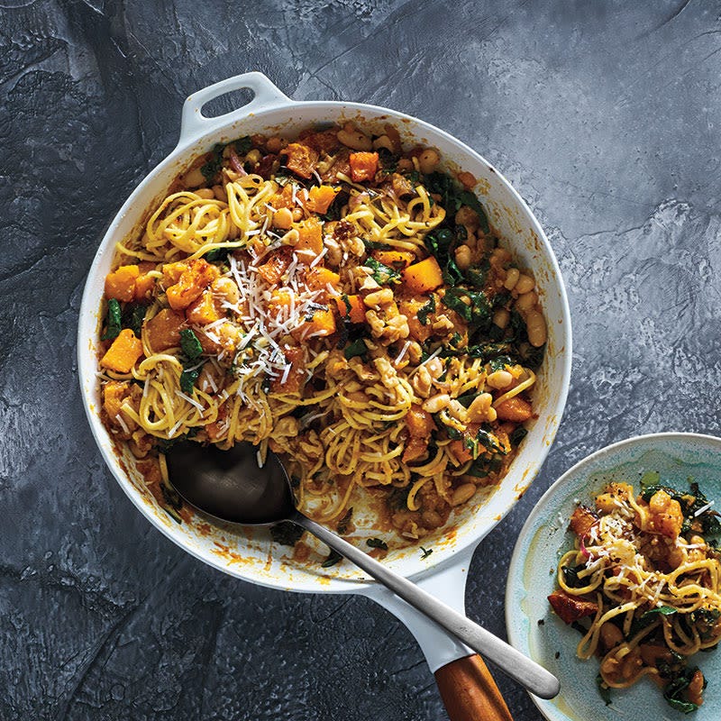 Photo of Spaghetti with butternut squash, white beans, and kale by WW