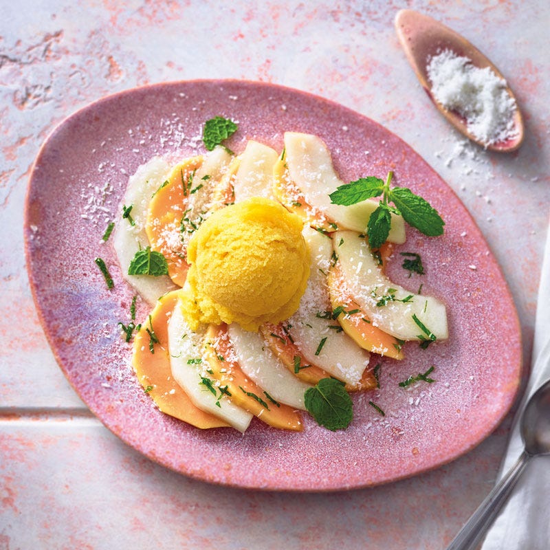 Papaya-Melonen-Carpaccio mit Eis