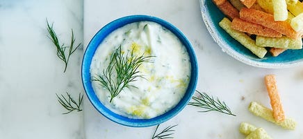 Veggie straws with tzatziki dip