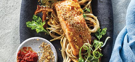 Sesame-Ginger Salmon, Shiitakes & Broccolini with Soba Noodles
