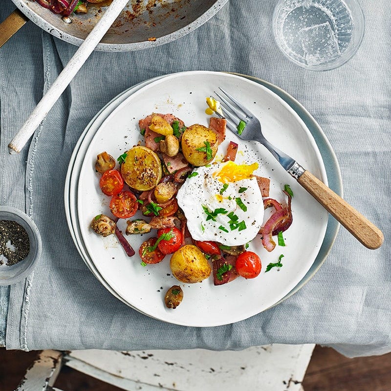 Breakfast hash with poached eggs