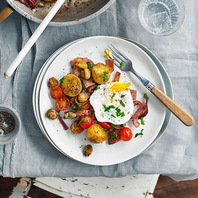 Breakfast hash with poached eggs