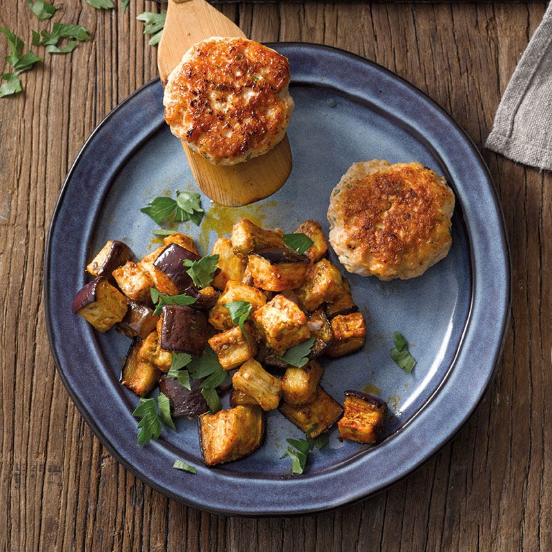 Geflügelfrikadellen mit gerösteter Aubergine