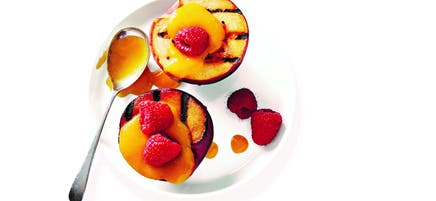 Barbecued peaches with mango purée