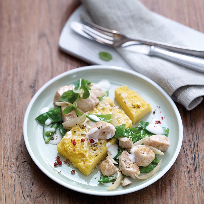 Foto van Gebakken polenta met kip-peultjesragout door WW