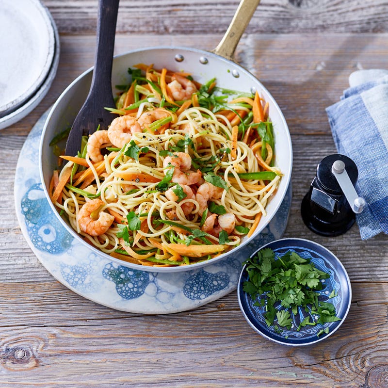 Spaghetti mit Garnelen und Zuckerschoten