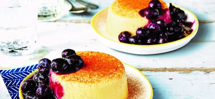 Corn panna cotta with fresh blueberry sauce