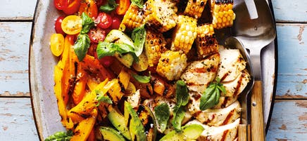 Barbecued chicken, corn & summer veg salad