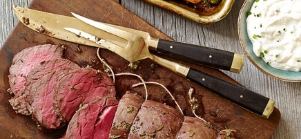 Beef Tenderloin with Fingerling Potatoes, Brussels Sprouts and Horseradish-Cream Sauce