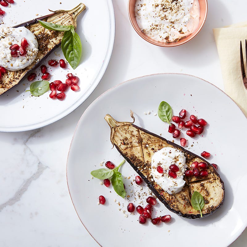 Photo of Cat Cora’s roasted eggplant with Greek yogurt, pomegranate, and za’atar by WW