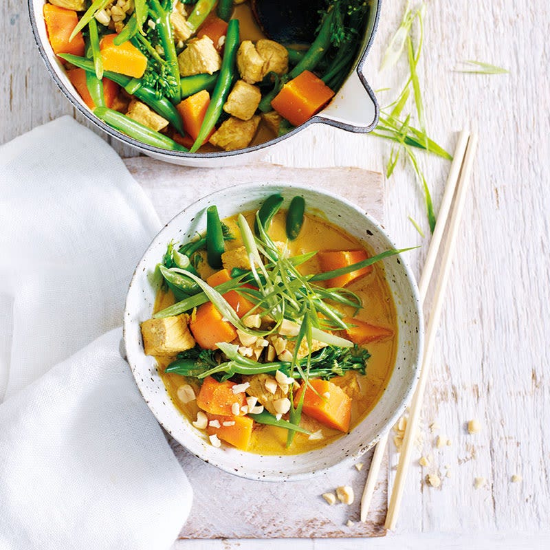 Süßkartoffel-Bohnen-Curry mit Schweinefilet