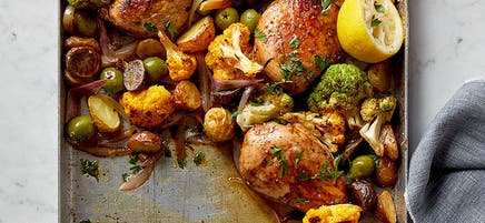 Garlic-Thyme Chicken with Cauliflower, Potatoes, and Olives