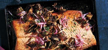Roasted salmon and mushrooms with quick-pickled shallots