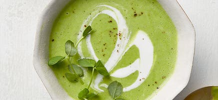 Silky spring pea soup with lemon-herb drizzle