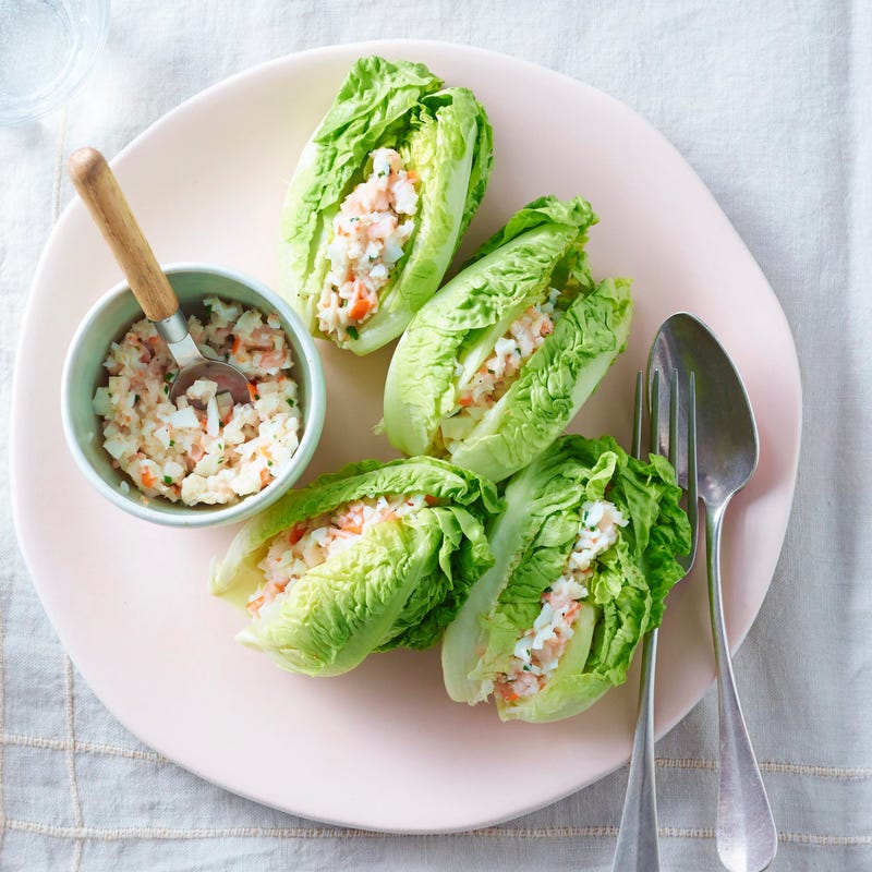 Foto van Sven's slahartjes gevuld met roze garnalen, surimi, eiwit en een lichte mayonaise met magere yoghurt door WW