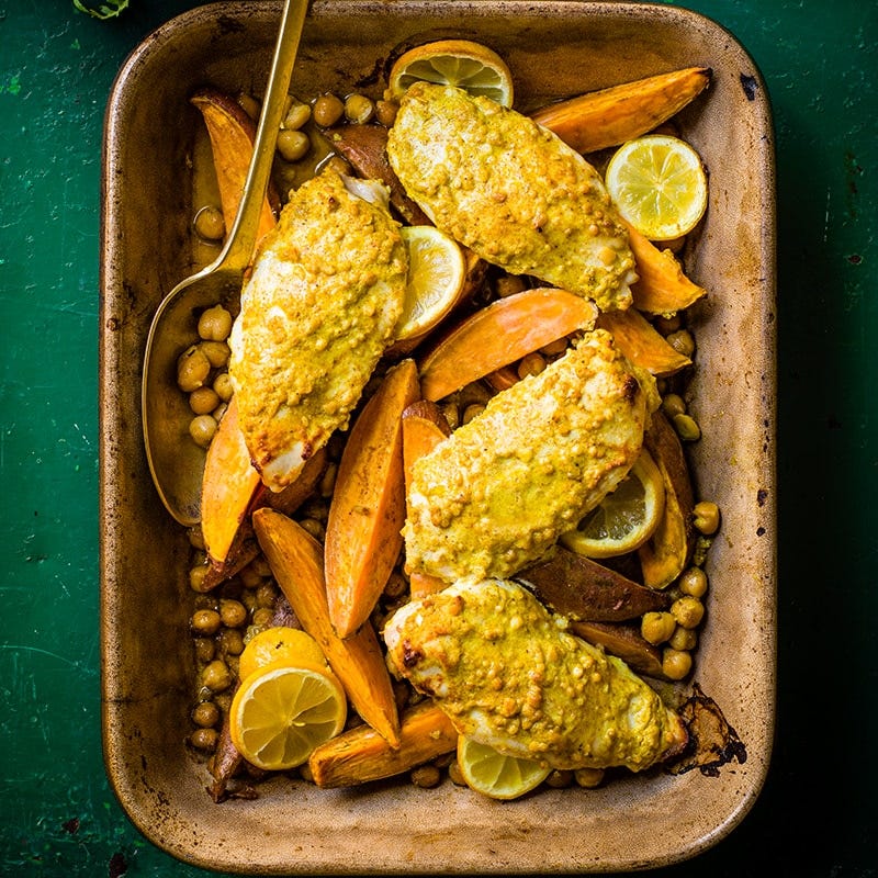 Curried chicken and sweet potato traybake