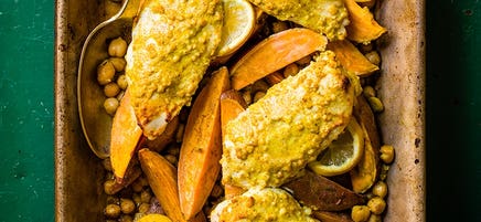 Curried chicken and sweet potato tray bake