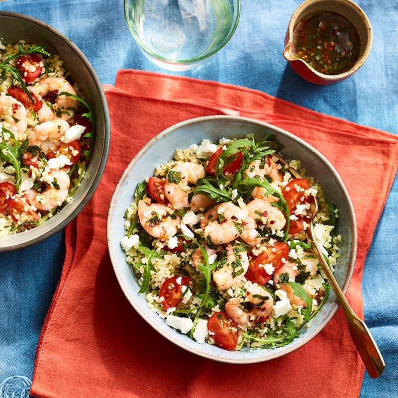 Photo of Tabbouleh bowl with marinated prawns, tomatoes & feta by WW