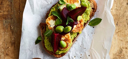 Halloumi, beetroot & broad bean open sandwich