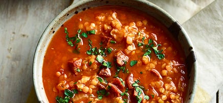 Red lentil & chorizo soup