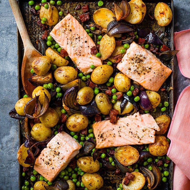 Roast salmon with peas, potatoes and chorizo
