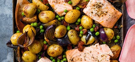 Roast salmon with peas, potatoes and chorizo