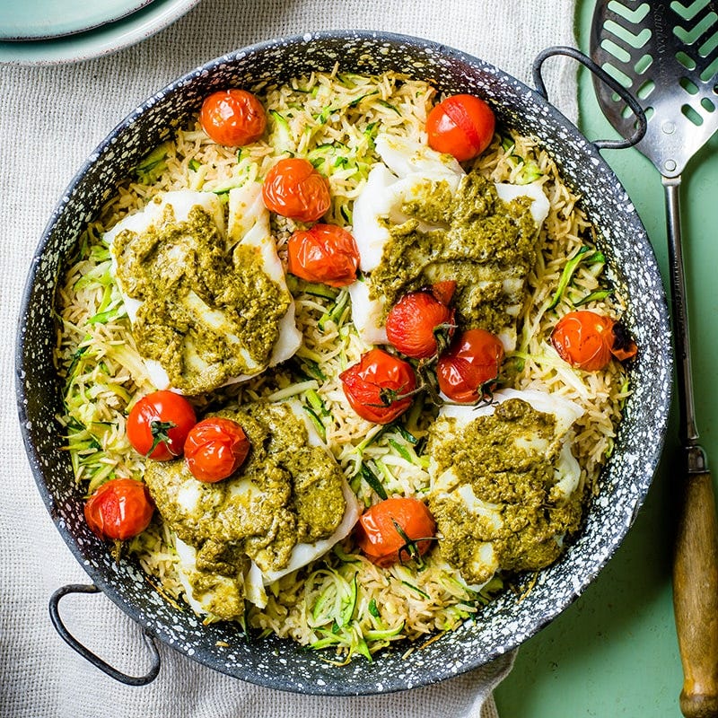 One-pan pesto fish and rice