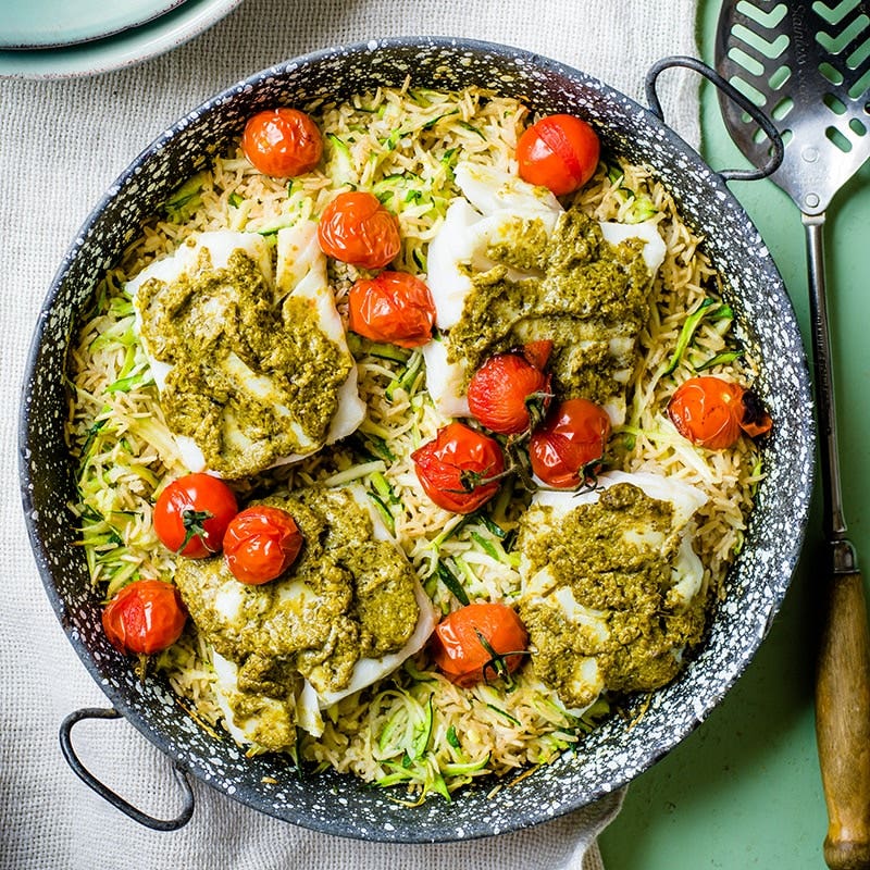 One-pan pesto fish and rice
