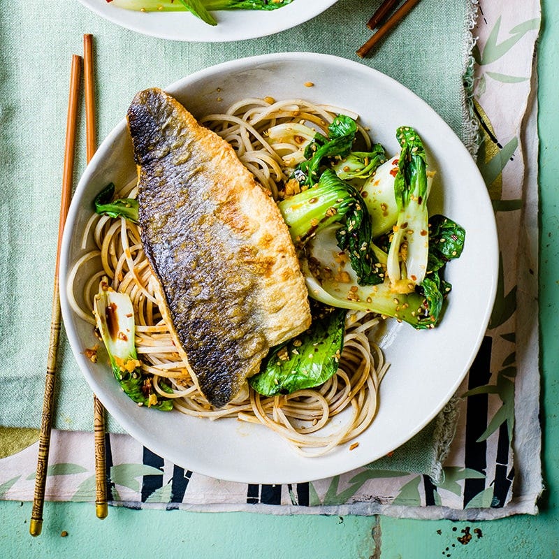 Crispy fish with sesame noodles