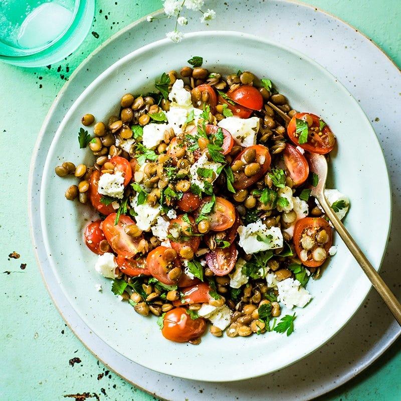 Lentil, feta and tomato salad