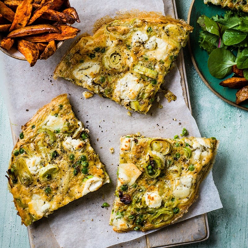 Pea, leek and goat’s cheese baked omelette