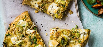 Pea, leek and goat’s cheese baked omelette