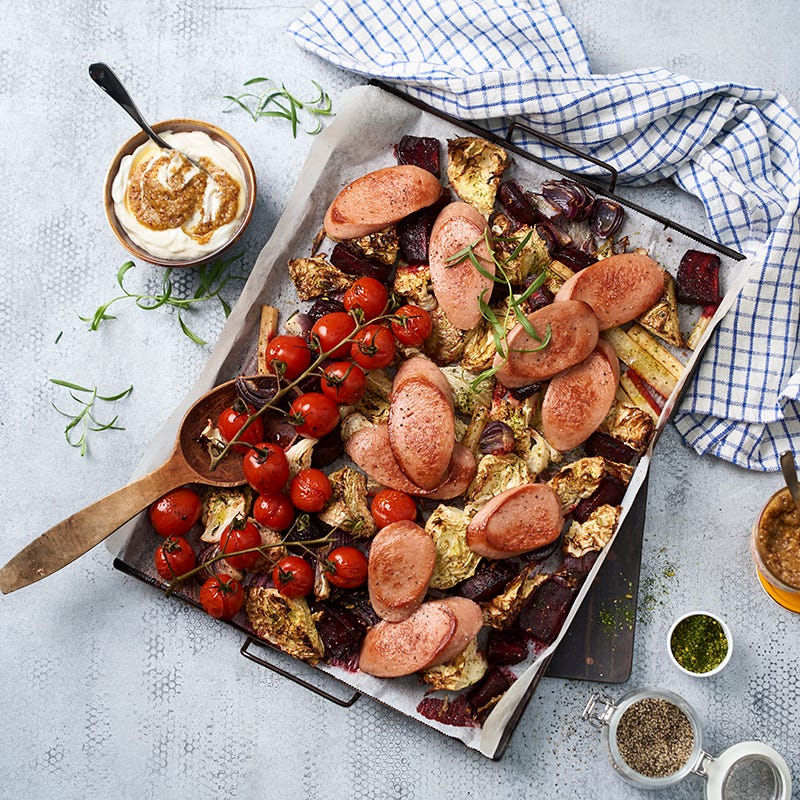 ViktVäktarna - Korv med ugnsrostade grönsaker och senapssås