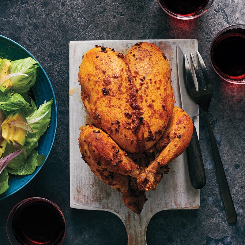 Peruvian roast chicken with avocado salad