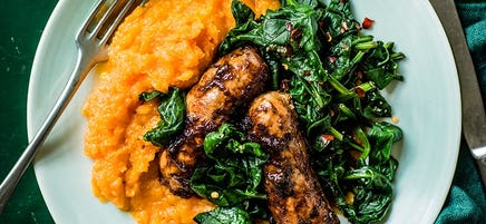 BBQ sausages with butternut pumpkin mash