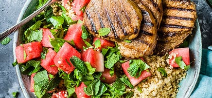 Chargrilled pork steaks with watermelon salad