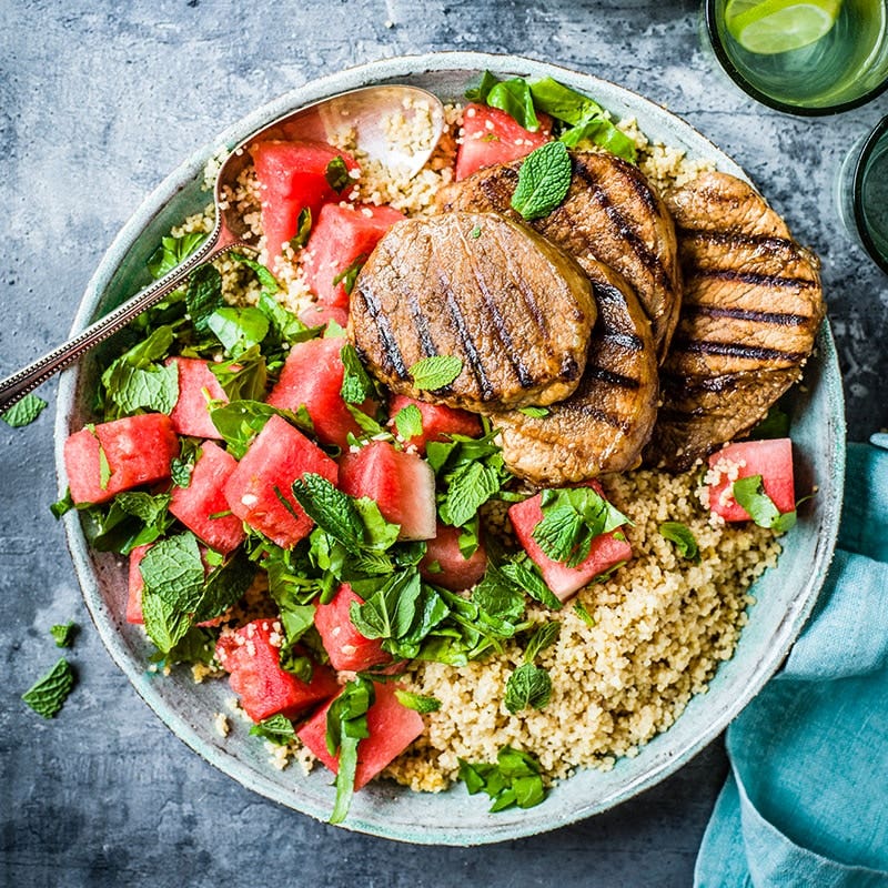 Chargrilled pork steaks with watermelon salad