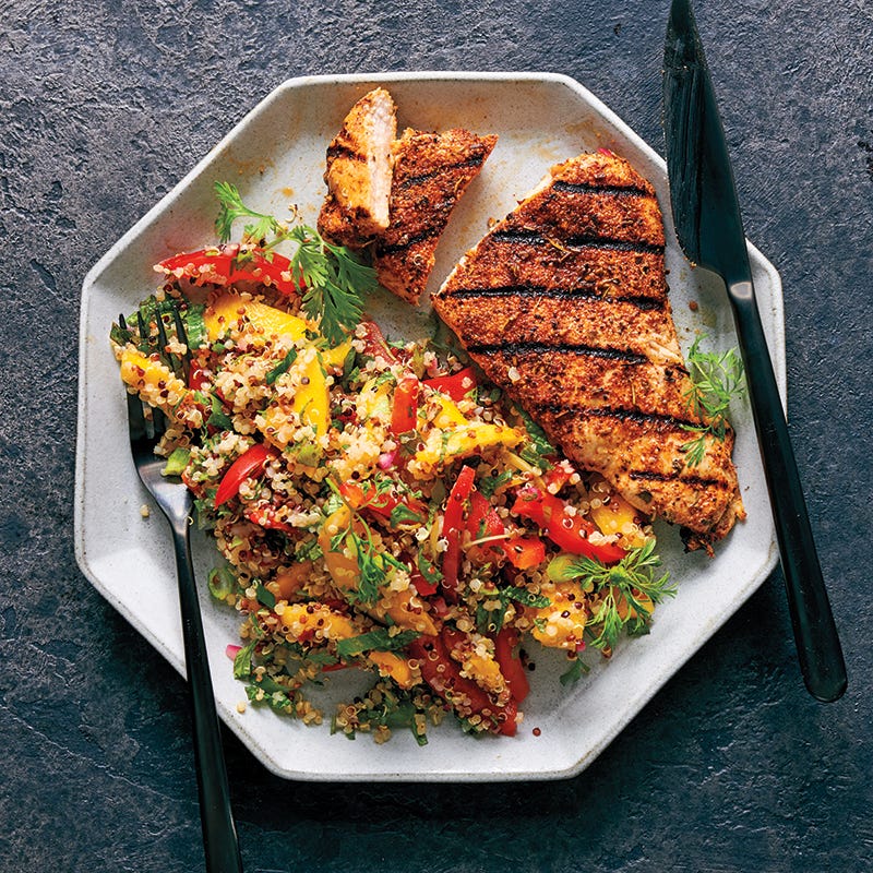 Jerk chicken with quinoa, mint, and mango