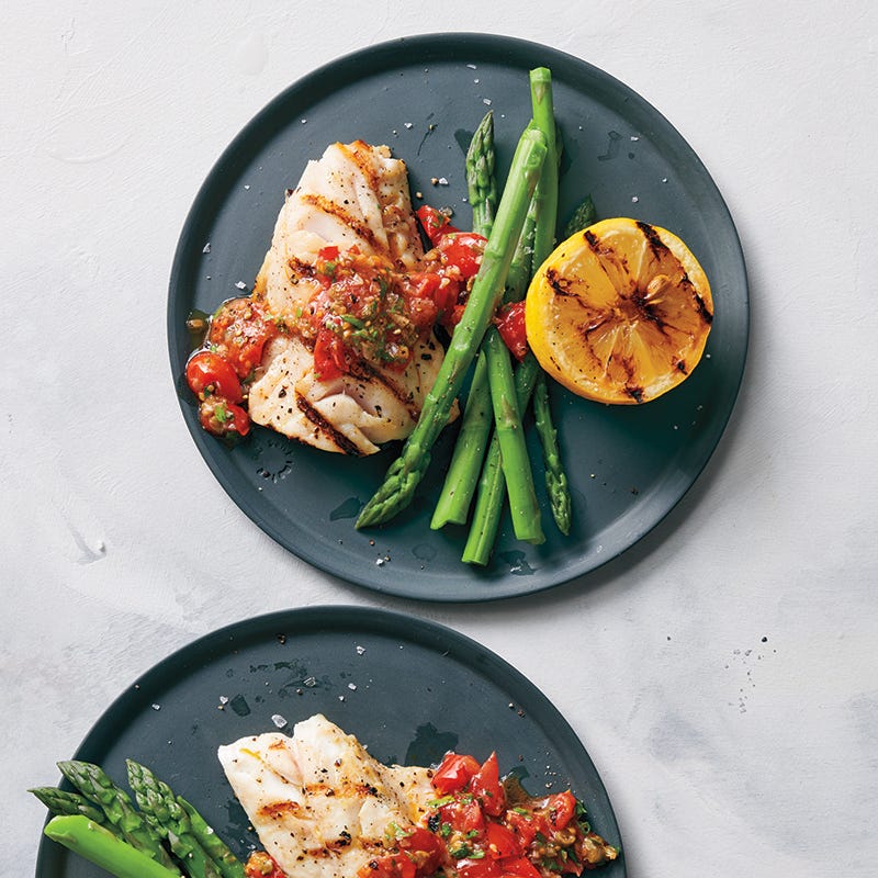 Grilled sea bass with tomato vinaigrette