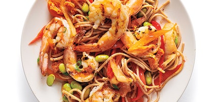Kimchi Soba with Shrimp & Edamame