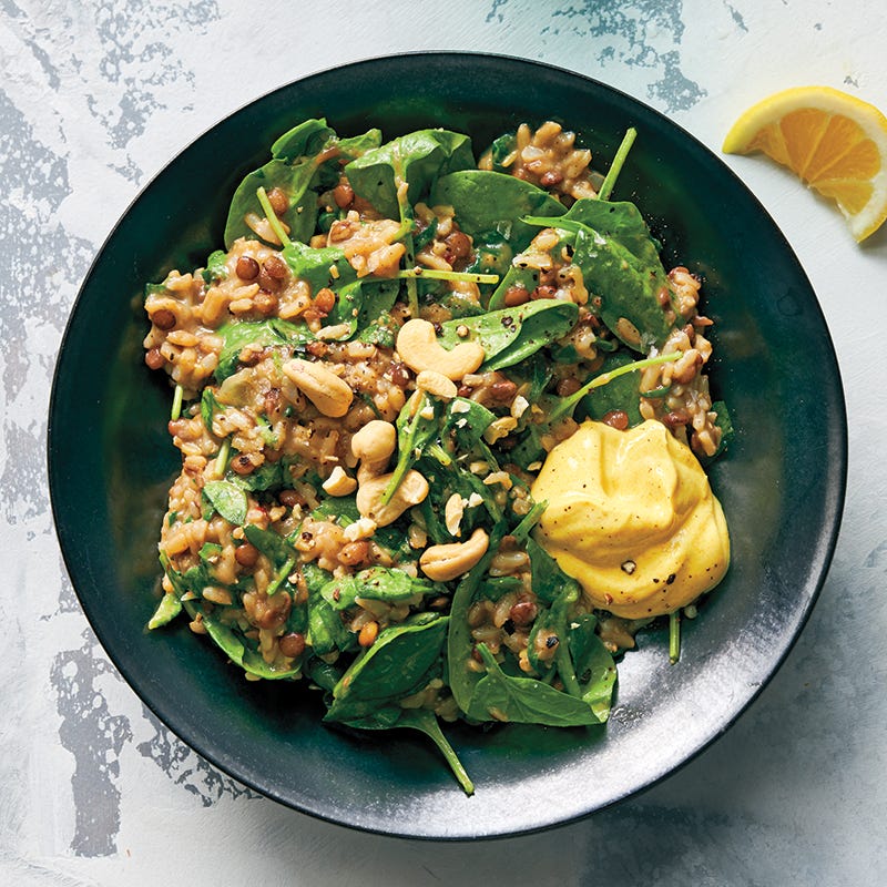 Lentils and brown rice with turmeric yogurt