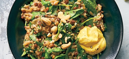 Lentils and brown rice with turmeric yogurt