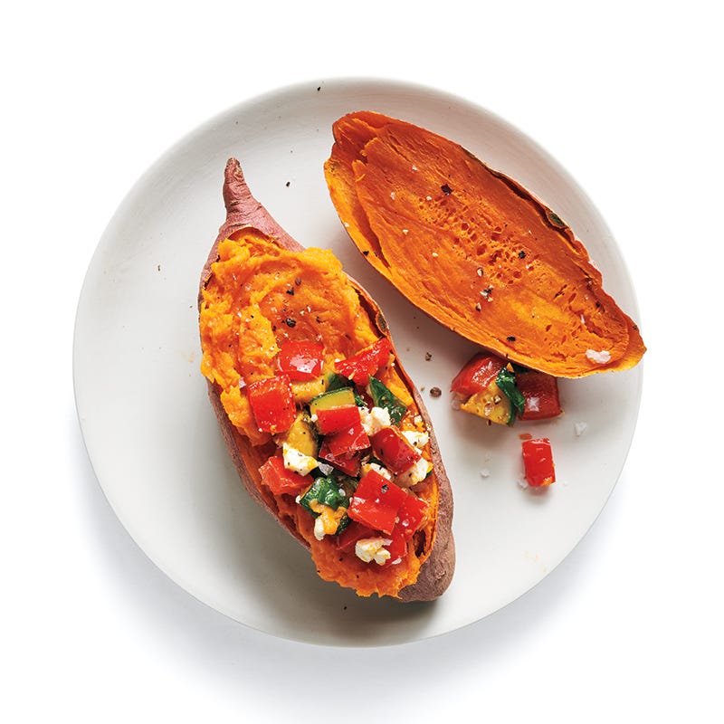Overstuffed microwave "baked" sweet potatoes