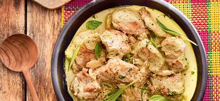 Filet de veau au lait de coco et patate douce rôties