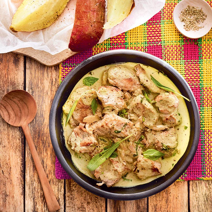 Filet de veau au lait de coco et patate douce rôties